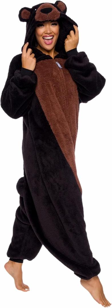 Funziez! Sherpa Bear Adult Onesie - Animal Halloween Costume - Plush Teddy One Piece Cosplay Suit for Adults, Women and Men (X-Large, Black)