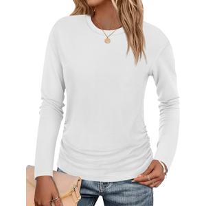 Tankaneo Womens T-Shirts Summer Long Sleeve 2025 Crew Neck Blouse Dressy Casual Ruched Slim Fit Trendy Tops (White, L)