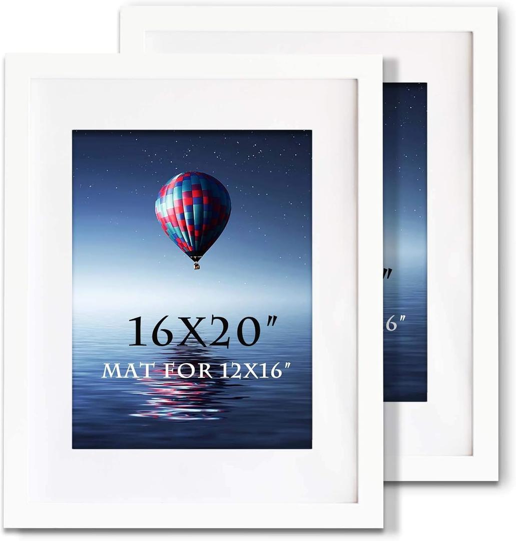 16x20inch Picture Frame Solid Wood Wall Mounting Certificate Poster Photo Frame with MAT Display Pictures 12x16in (White, 2)