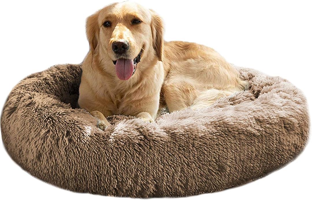 MFOX Calming Dog Bed (L/XL/XXL/XXXL) for Medium and Large Dogs Comfortable Pet Bed Faux Fur Donut Cuddler Up to 15/30/50/100lbs (43.0"L x 33.0"W x 8.0"Th, Khaki)