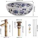 18 Inch Bathroom Vessel Sink with Bamboo Shape Faucet and Pop-Up Drain Combo,Blue and White Porcelain Ceramic Vessel Sink Bowl Above Counter Round Bathroom Sink Basin, 18x18x6 inches