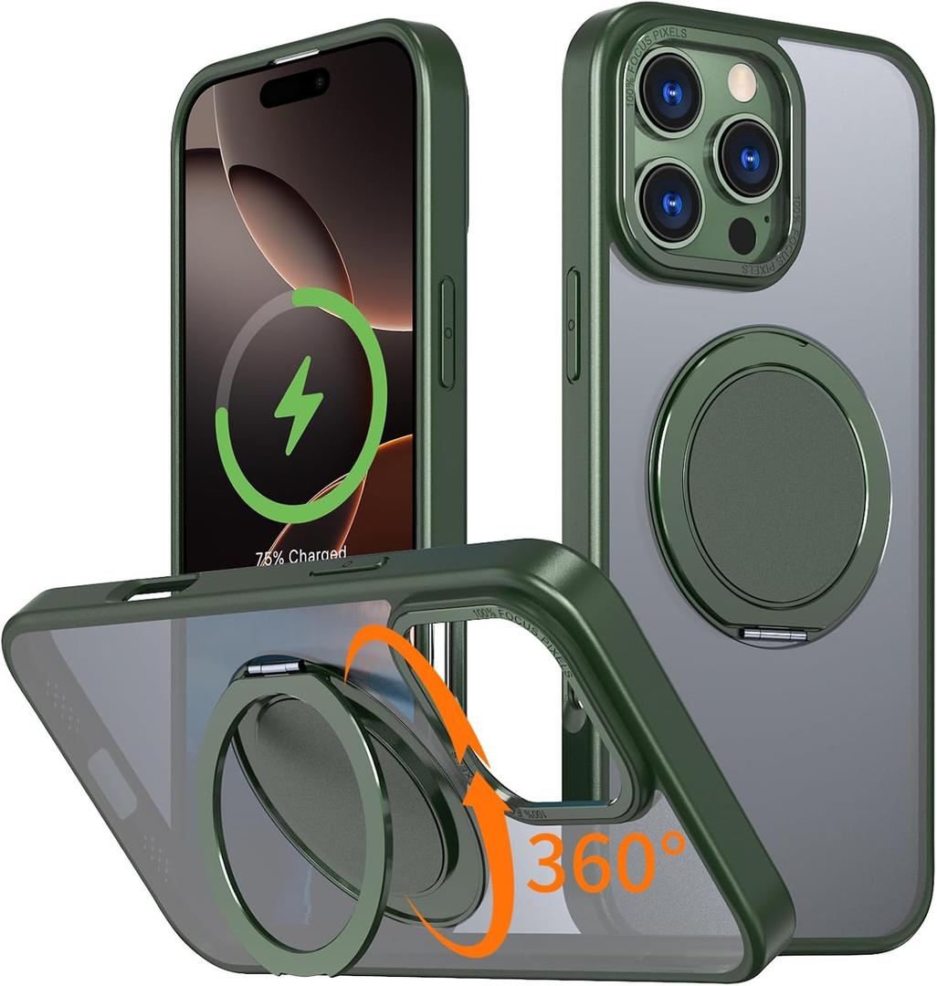 IYH 360 Rotatable Magnetic Case for iPhone 16 Pro, Military-Grade Shockproof Phone Cover with Matte Translucent Back(Green)