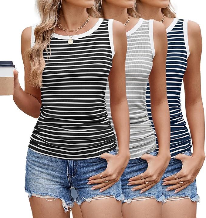 Womens Round Neck Stripe Ribbed Knit Tank Tops Ruched Side Summer Casual Slim Fit Sleeveless Tops, Size L