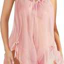 Sexy Bows Split Side Ruffle Lace Mesh Sheer Babydoll Lingerie Dress Set with Thong 2 Piece (3X-Large, Pink)