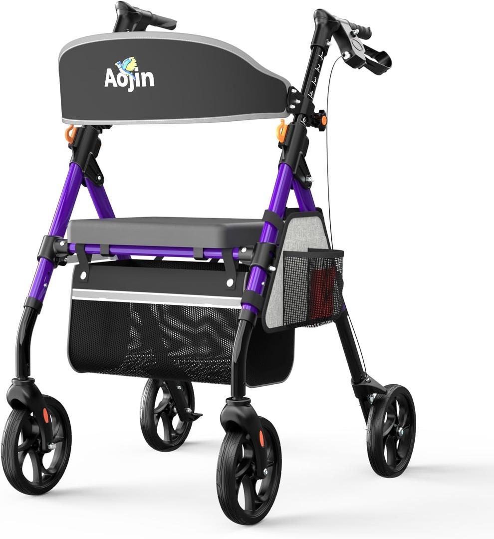 Aojin Lightweight Foldable Rollator Walkers with Seat for Seniors, 350 lb Capacity, 8'' Wheels, 17.7" Big Seat, 6-Position Adjustable Height, Ultralight Aluminum Frame Rolling Walker (Purple)