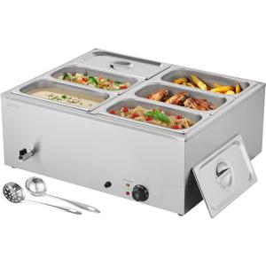 VEVOR Commercial Food Warmer, 1500W Electric Stainless Steel Steam Food Warmer with Lid, 6-Pan Fast Heating Countertop Buffet Bain Marie with Soup & Perforated Ladles, for Catering, Restaurant, Party