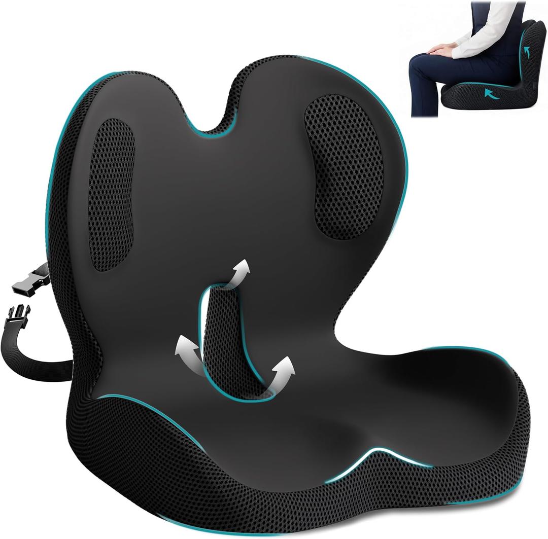 Memory Foam Seat Cushion,Office Chair Cushion with Lumbar Support,L-Shape Ergonomic Cushions with Strap,Non-Slip Sciatica,Hemorrhoids, Tailbone Pain Relief for Office Workers,Driver