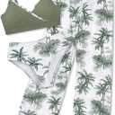 Girls Swimsuit 3 Piece Tropical Print Bathing Suit V Neck Bikini Set with Quick Dry Cover Up Pants 9-16Y (13-14 Years, Green Palm)
