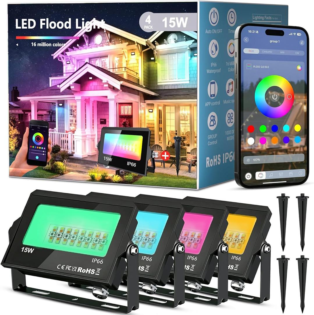 LED Flood Light Outdoor,RGB Waterproof (IP66) Flood Light with APP Control,15W Outdoor Color Changing with DIY Scene and Music Mode, Christmas Floodlights for Patio Courtyard Stage Weddings (4pack)