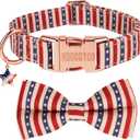 ADOGGYGO American Flag Dog Collar with Bow, Detachable Striped Star Bow, Metal Buckle, Adjustable Patriotic 4th of July Collars for Large Dogs Boy Girl Male Female (Large)