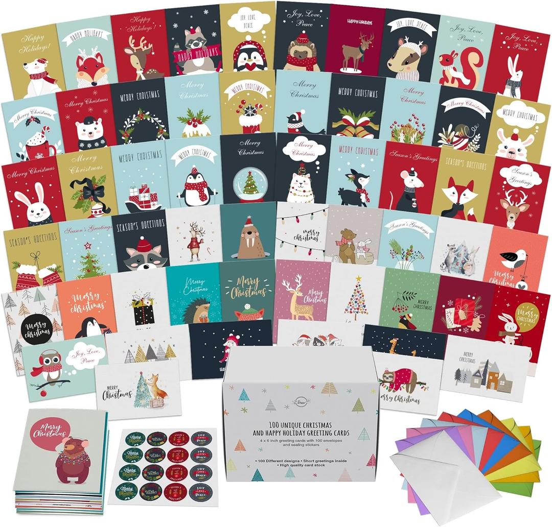 Dessie 100 Unique Modern Christmas Cards with Envelopes and Matching Sealing Stickers. Happy Holiday Cards with Short Greetings Inside. Bulk Christmas Cards Boxed with Envelopes (Assorted)