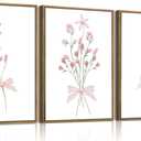 SongZest 3 Piece Pink Floral Framed Wall Art Boho Flower Nursery Canvas Art Prints Wildflower Bow Pictures Wall Decor Cute Paintings Artwork for Girl Bedroom Bathroom 16x24in