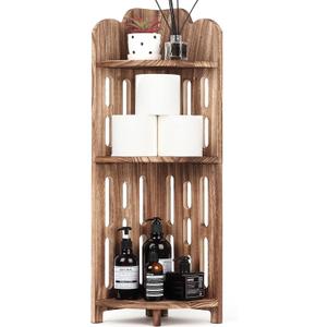 Meangood Bathroom Corner Shelf Stand, 3 Tier Solid Wood Display Shelf for Narrow Space, Shower Corner Shelf, Plant Stand Nightstand, for Living Room, Bedroom, Home Office, Elegant Carbonized Black