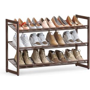 SONGMICS Shoe Rack, 3-Tier Shoe Organizer, Metal Shoe Storage for Garage, Stackable Shoe Shelf, with Adjustable Flat or Angled Shelves, 9-12 Pairs, Bronze ULMR03A