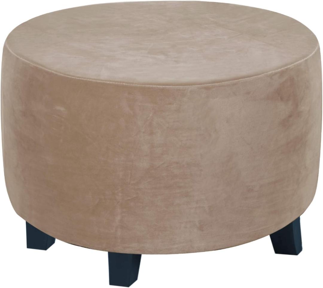 H.VERSAILTEX Round Ottoman Slipcover Ottoman Covers Slipcover Footstool Protector Covers Storage Stool Ottoman Covers Stretch with Elastic Bottom, Feature Real Velvet Plush Fabric (X-Large, Taupe)