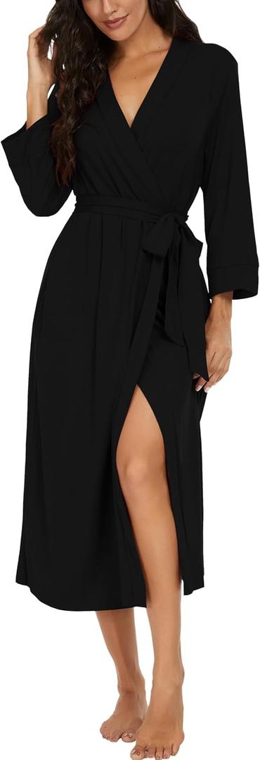 VINTATRE Women Kimono Robes Long Knit Bathrobe Lightweight Soft Knit Sleepwear V-neck Casual Ladies Loungewear (Black, M)