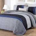 Cottolester Queen Quilt Set 3 Pieces,Gray and Blue Striped Quilt Set,Boho Farmhouse Bedspread Soft Microfiber Bedding Set for All Season 96"x90"