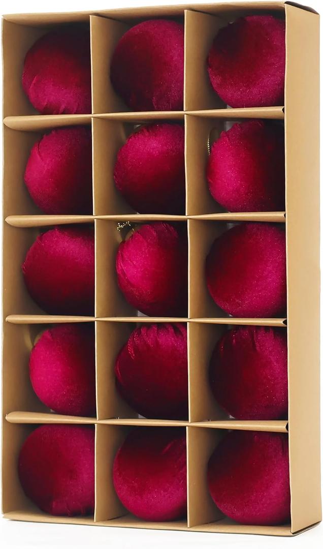 3.15inch Burgundy Velvet Ornaments for Christmas Tree, 15pcs Flocked Christmas Ornaments Decorations Balls Set Decor 