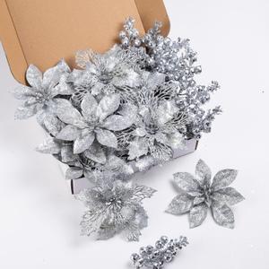 24Pcs Silver Glitter Poinsettia Christmas Tree Ornaments and Glitter Berries Stems, 16Pcs Christmas Artificial Flowers and 8 Pack Christmas Tree Picks for Wedding Holiday Decorations