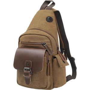 Canvas Sling Bag for Women Men, Convertible Crossbody Backpack with Leather Trim, Vintage Anti-Theft Chest Bag for Travel, Coffee