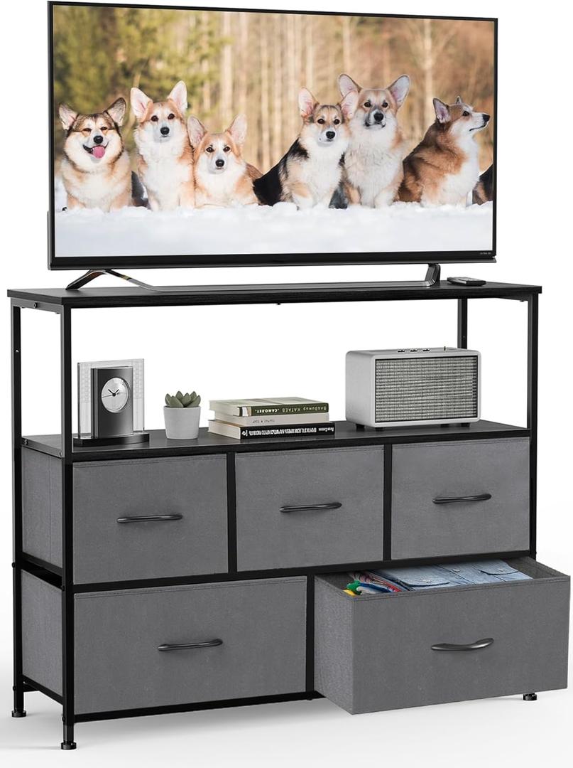 DUMOS TV Stand Dresser for Bedroom Entertainment Center with 5 Fabric Drawers Storage Organizers Units, Media Console Table with Open Shelf up for 45" Television for Living Room, Dorm, Grey