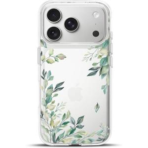 Compatible with iPhone 17 Pro Case, Clear Floral Flower Green Tree Leaves Shockproof Protective Bumper Hard Back Slim Cute Clear Phone Cover for Women Girls 2025 6.3" (Leaves 17Pro)