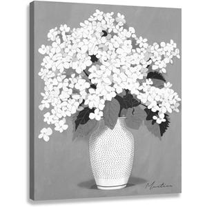 Woxfcart Hydrangea Flower Canvas Wall Art, White Floral Picture on Vase Print for Simple Gray Living Room Bedroom Decor 32 x 24 Inch