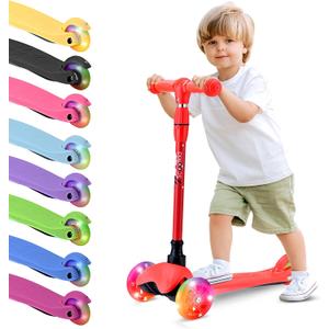 Hurtle Mini Kickboard 3 Wheel Scooter for Kids Ages 2-5 - Lean-to-Steer Toddler Scooter with Light-up LED Wheels, Adjustable Height & Rear Foot Brake for Boys. & Girls, Anti-Slip, Indoor/Outdoor