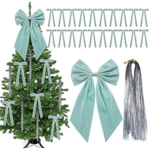 Janinka Light Blue Velvet Christmas Tree Topper Bow Decorations Set 1 Large Christmas Tree Topper, 20 Raw Edge Ribbon Velvet Bows 5000 Strands of Silver Tinsel Icicles for Xmas Ornament Wreath Decor