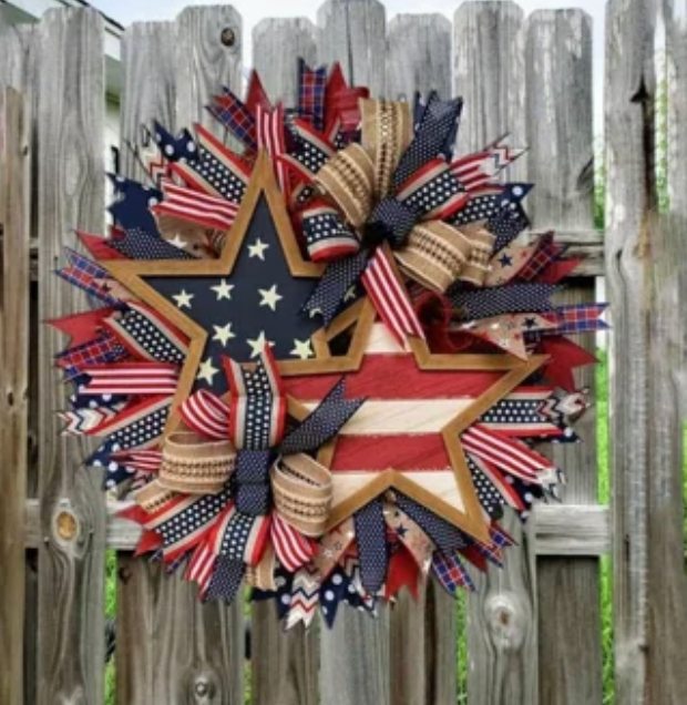 250th Anniversary Patriotic Wreath, 15.7'' Red White and Blue Wreath All-Weather Farmhouse Outdoor Holiday Decoration, Memorial Wreath for Front Door, 4th of July Garland for Home Wall Porch