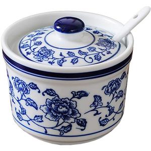 Retro Ceramic Blue and White Sugar Bowl Seasoning Pot Storage Jar with Lid