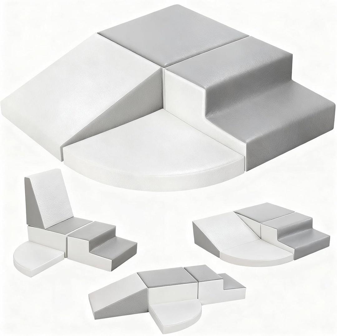 Sumbababy Climbing Foam Blocks for Toddlers: Waterproof Pu Leather Soft Climber - 4 Pcs Toddler Indoor Climbing Toys - Kids Outdoor Playground Playset Best Gift Preschool Daycare Supplies, Grey/White