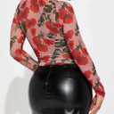 Women's Printed Mesh Long Sleeve Bodysuit, Sexy One Piece with Mock Neck Snap Crotch Leotard Top (Red, M)