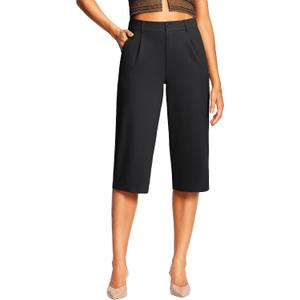 ISEEGZ 18" Capri Pants for Women Wide Leg Stretchy Casual Capris Pleated Dress Pants with Pockets Business Lounge Work, M