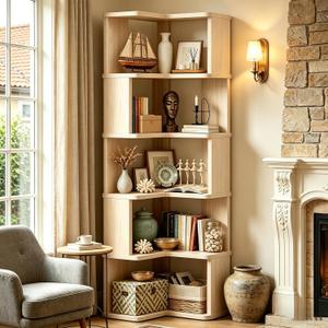 Tall Corner Bookshelf, 6 Tier Corner Book Shelf Etagere Bookcase with Baffle, Freestanding L Shaped Display Shelf Stand for Home Office, Living Room, Bedroom, Brown, 15.74"D x 15.74"W x 62.59"H
