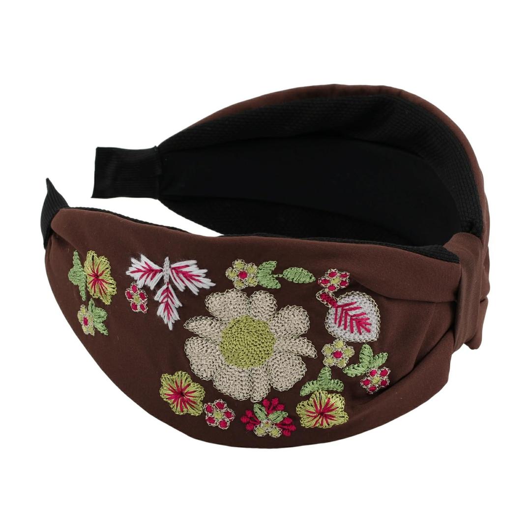 Embroidered Headbands for Women Floral Boho Knotted Leaf Wide Padded Vintage Fabric Hairbands Decorative Flower Hair Hoop (colorful flower)