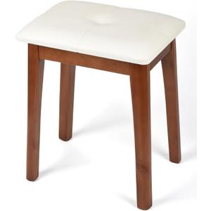 Solid Wood Vanity Stool with Cushion, 11" D x 15" W x 18" H - Small Wooden Ottoman Bench Chair Padded Seat for Bedroom/Living Room/Office/Makeup Vanity/Closet/Desk - Beige White