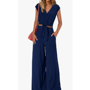 Neck Belted Crop Tops Wide Leg Pant Sets Casual Tracksuit, Size Large