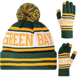 Vintage Classic Skull Cap Beanie Hat Cuffed Winter Hat Knit Comes with Warm Gloves Gifts for Men Women Fans, Color: Green Bay P