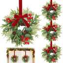 4 Pcs 11" Small Christmas Wreaths for Windows Kitchen Cabinets, Mini Christmas Wreath with Cedar Cypress Eucalyptus Leaf Pinecones Red Berried Bow Christmas Wreaths for Front Door Wall Chairs Stairs