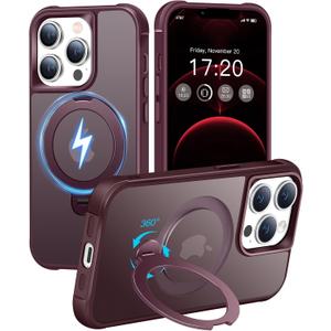 HuwaiH 360 Rotatable Magnetic Ring Stand for iPhone 12 pro max/13 pro max Case, Compatible with MagSafe, Military-Grade Shockproof, Anti-Scratch Matte Translucent Phone Case (Burgundy)