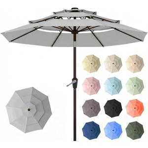 10ft Patio Umbrella, 3 Tier Outdoor Market Table Umbrellas with 8 Fiberglass Ribs and Push Button Tilt, Windproof, Vented Canopy, UV Protection for Deck, Pool, Backyard