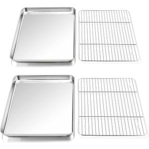 P&P CHEF 16 Inch Stainless Steel Baking Sheet with Rack Set (2 Pans+ 2 Racks), Cookie Sheets Baking Trays and Cooling Wire Racks, Oven & Dishwasher Safe, Pans with Flat Racks