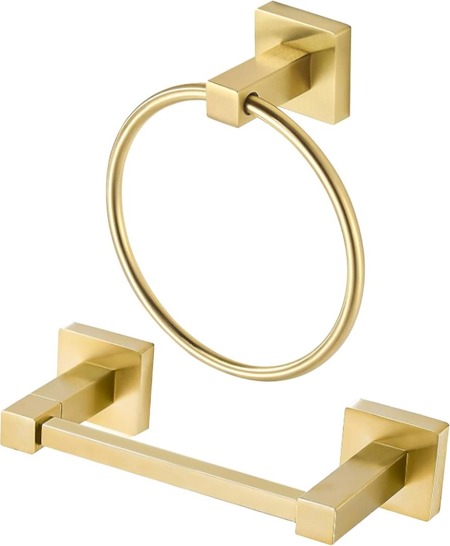 BigBig Home Gold Toilet Paper Holder Towel Ring, Brushed Gold Hand Towel Holder Bathroom Hardware Accessories Wall Mount Double Post Toilet Tissue Roll Holder Square 2 Pieces Set