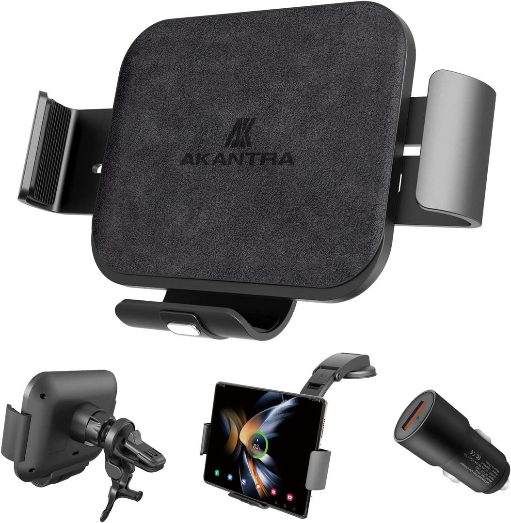 Akantra Alcantara 15W Dual Coil Qi Wireless Car Charger Mount Holder Compatible for Samsung Galaxy Z Fold7 Fold6 Fold5 Fold4 Fold3 S25 Ultra iPhone 16 Pro Max Auto Clamp Fast Car Charger