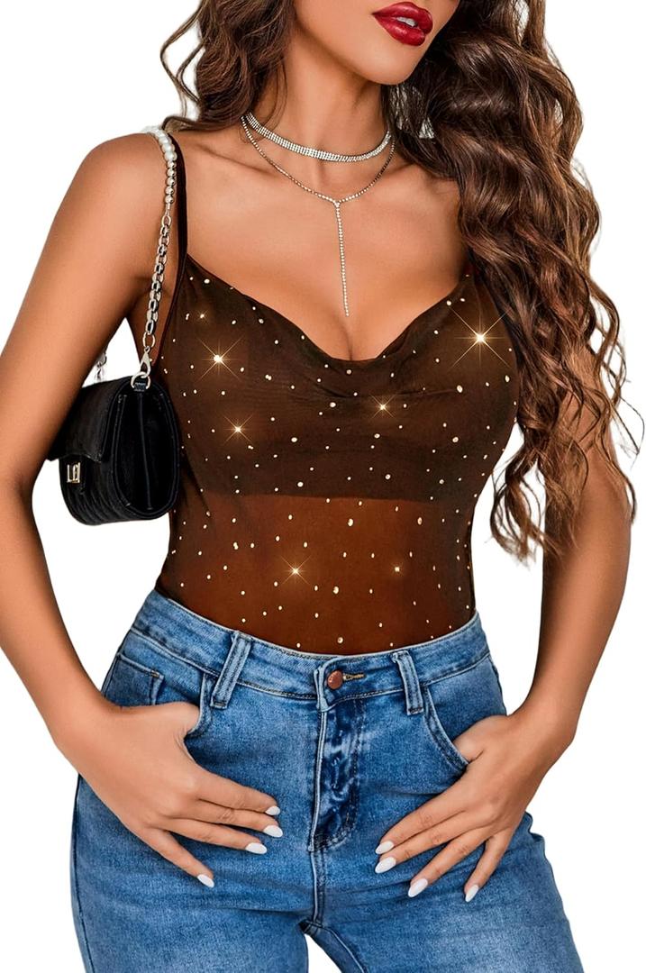 Avidlove Women's Mesh Camisole Cowl Neck Tank Top Cami Sequin Basic Tank Shirt Blouses (Brown, M)
