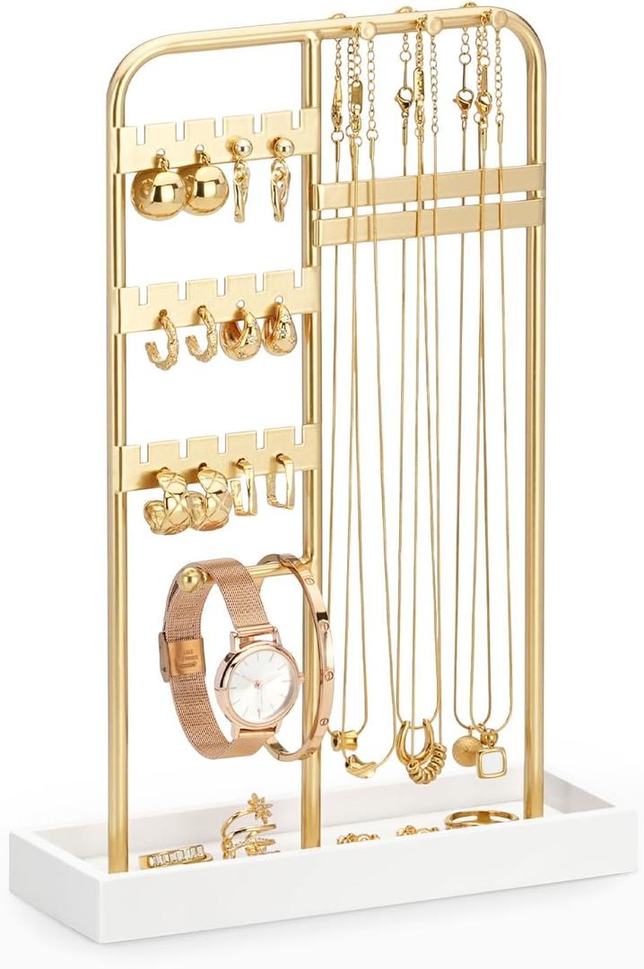 ChuStory Jewelry Holder Organizer, Gold Jewelry Stand, Jewelry Stand Organizer, Room Decor Gift for Women/Teen Girl (Gold+White) (T28)