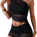 SHENHE Women's One Shoulder Tankini Swimsuits Ruched Mesh Crop Top Skirt Bathing Suit 2 Piece, M