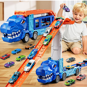 XINNOVEL Truck Toys Car Track Set for 3 4 5 6 Years Old Boys, Dinosaur Truck Transporter Car Race Track with 12 DieCast Racing Car Toys, Birthday Gifts for Toddlers Kids Girls Age 3 4 5 6 7 8