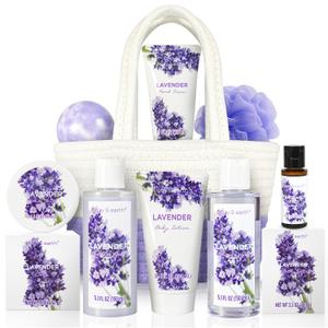 Spa Gift Baskets for Women - Body & Earth 11pcs Lavender Gift Sets with Bubble Bath, Shower Gel, Body Lotion, Birthday Gifts for Women, Spa Kit for Mom Gifts, Purple Gifts